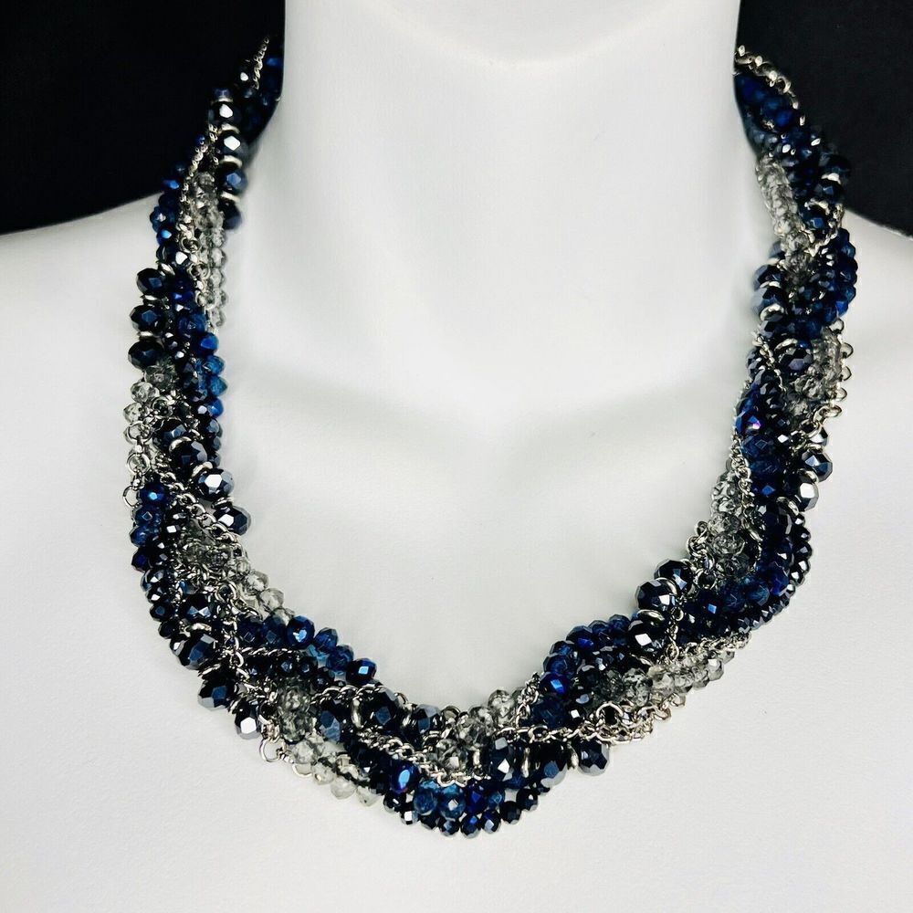 Vintage Necklace Midnight Blue Bling Multi Strand Faceted Beads Chain Wrap 1175